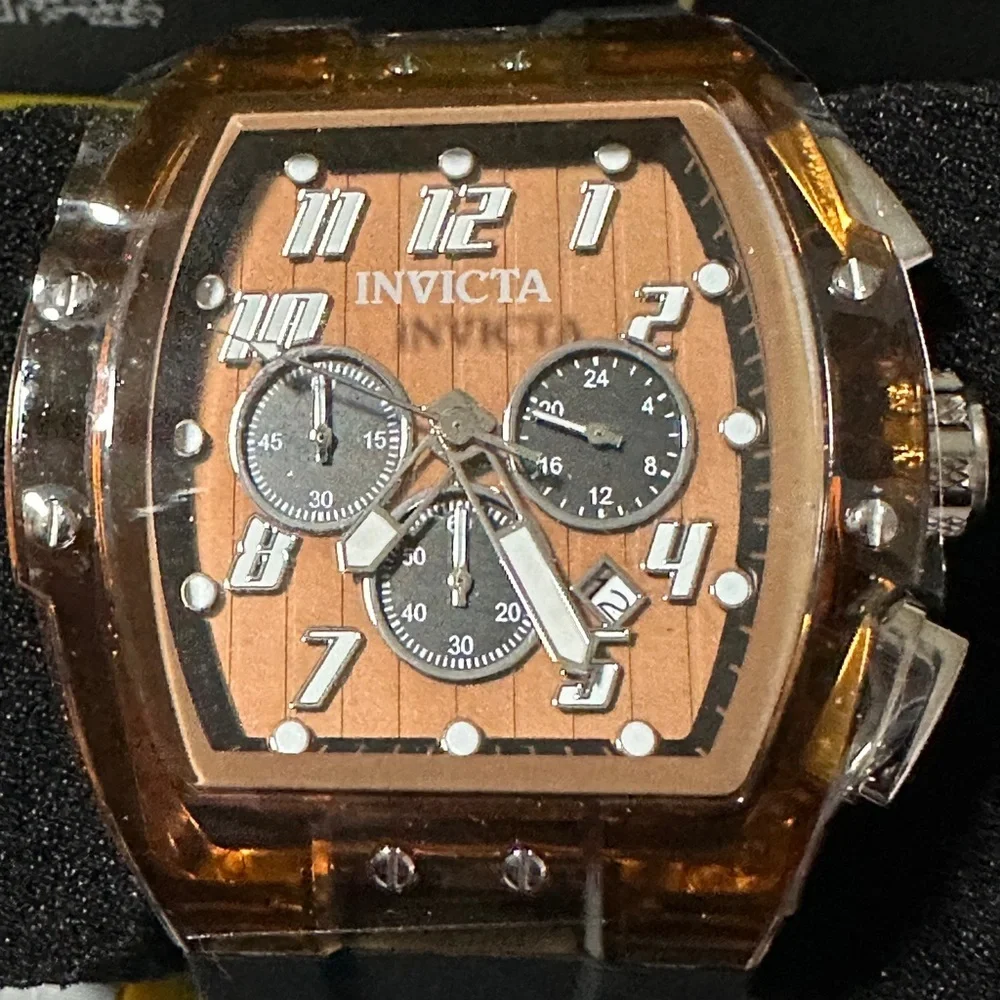 Invicta Men’s Chronograph Tonneau Watch Black Silicone Strap Bronze Dial NIB